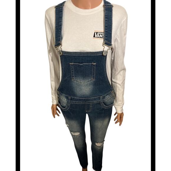 Almost Famous Blue Denim Overalls Juniors Size Small - Picture 3 of 9